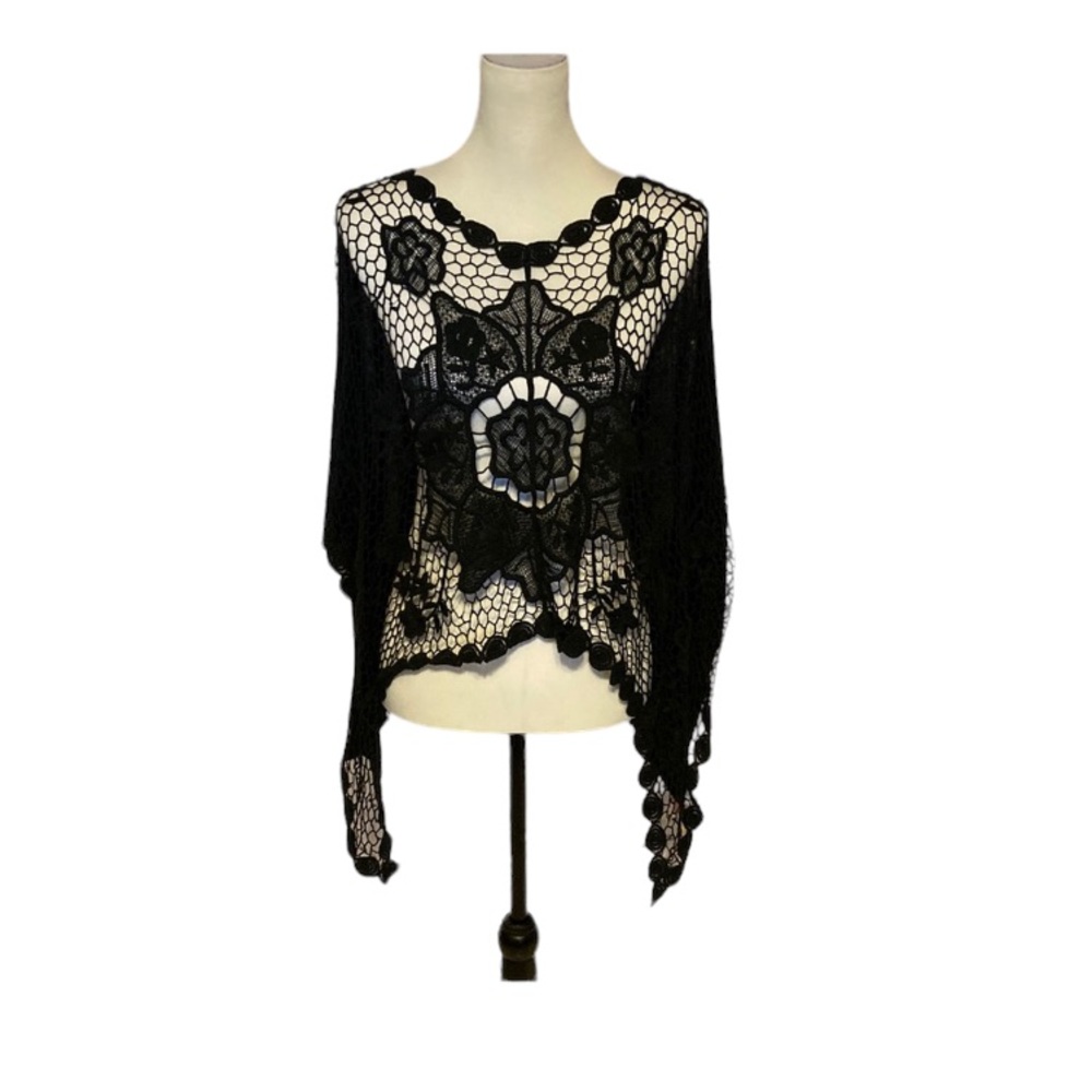 2 Chic Luxe crocheted poncho. V neckline, crochet lace back, butterfly cut
